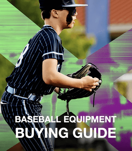 Baseball player holding a glove with text "Baseball Equipment Buying Guide" in the background.