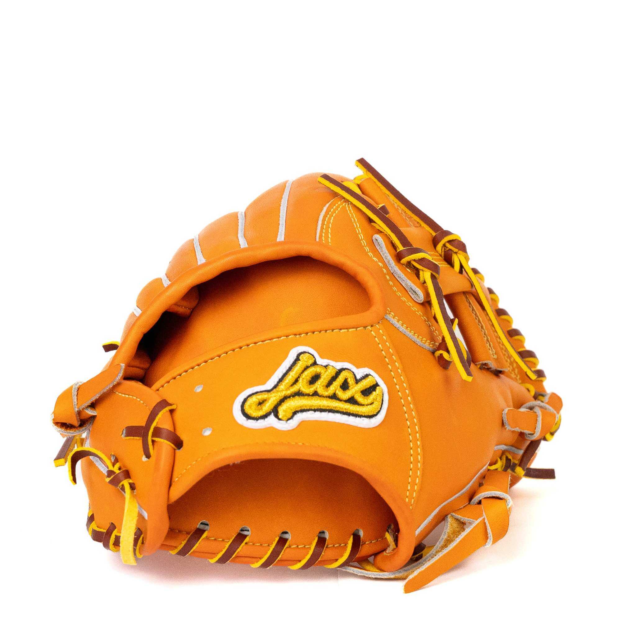 Jax EN-7 infielding glove in orange and tan, showcasing flexible design and deep pocket for optimal performance.