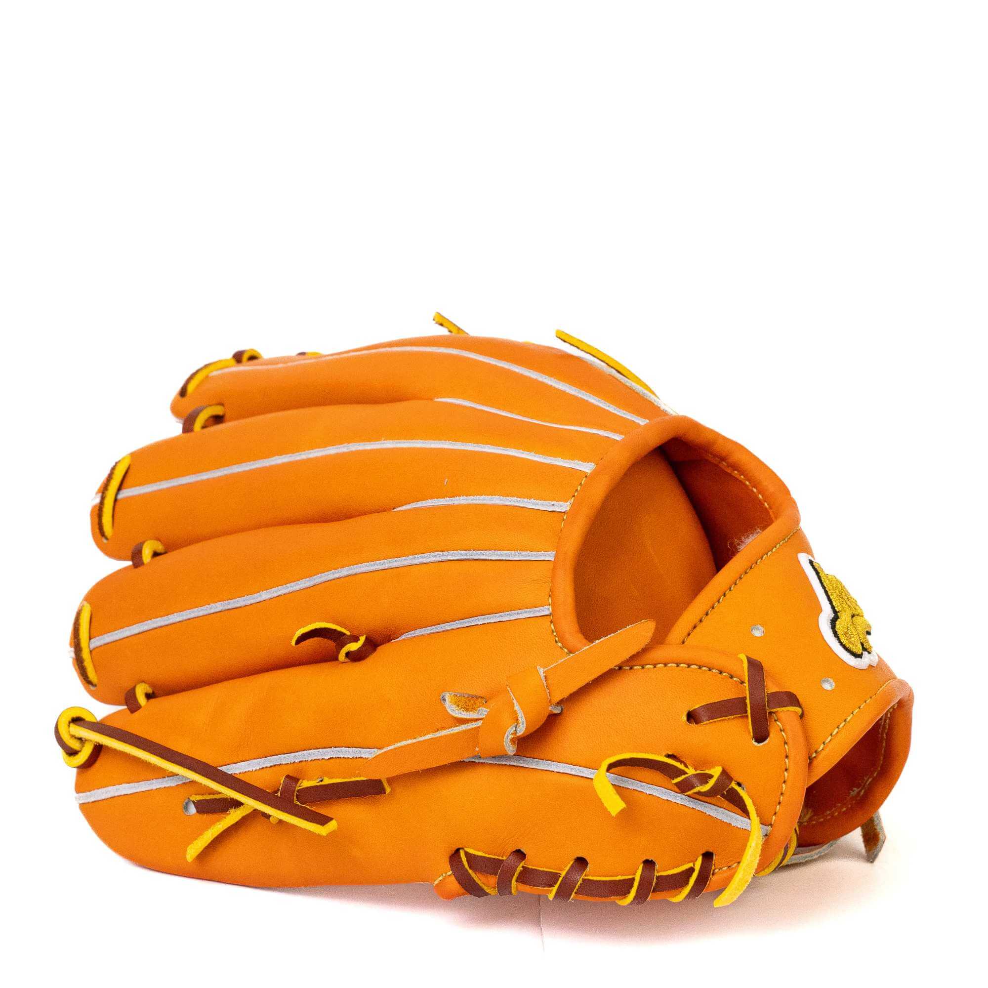 Jax EN-7 infield glove in orange and tan, designed for flexibility and precision in baseball play.