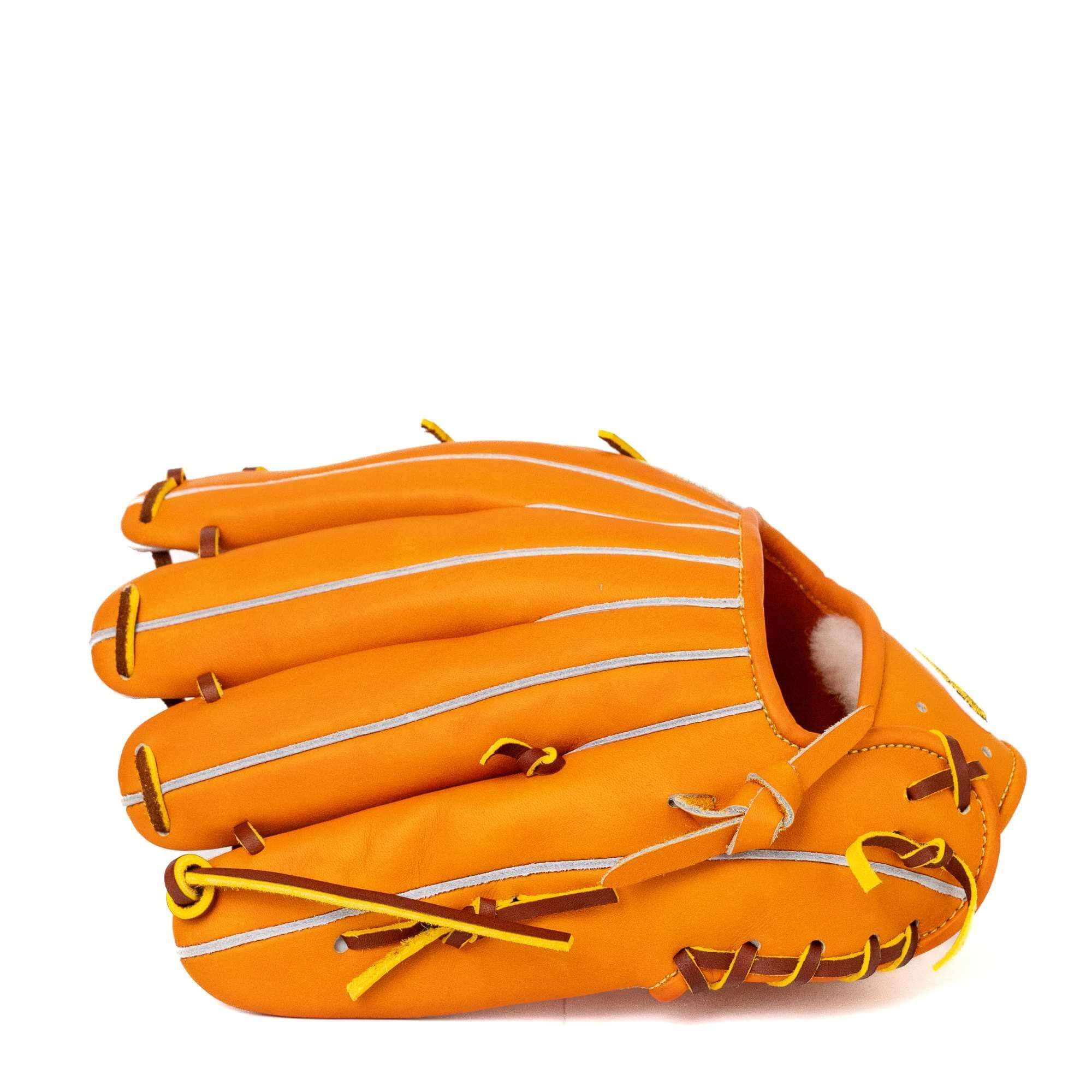 Jax EN-7 infield glove in orange and tan, featuring flexible wear and deep pocket for precision play.