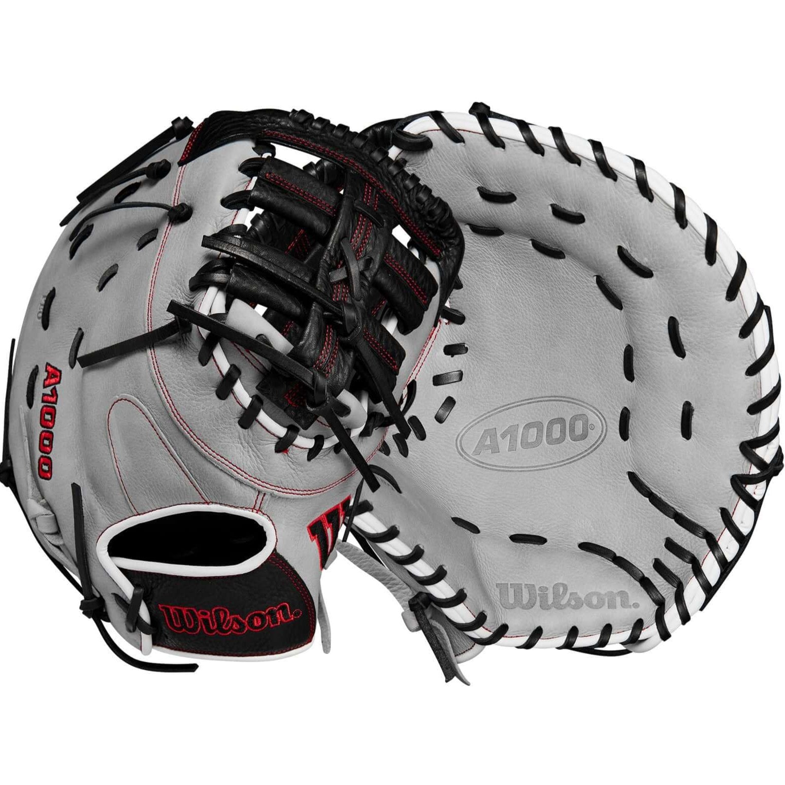 Wilson 2024 A1000 1620 first base mitt in silver, black, and red, featuring a single break point design and soft leather.