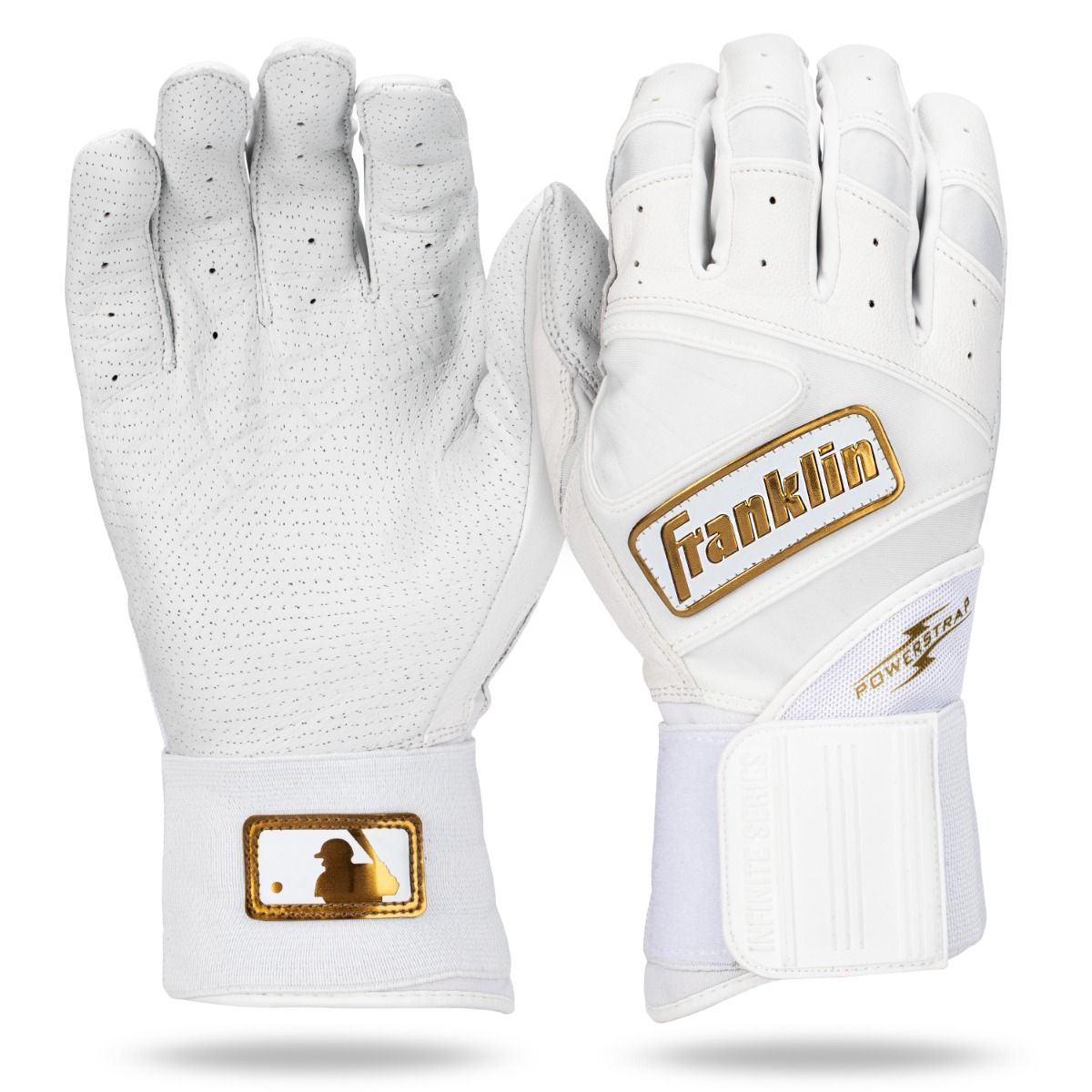 Franklin PowerStrap Infinite Series Youth Batting Gloves in White, crafted from premium leather for durability and performance.