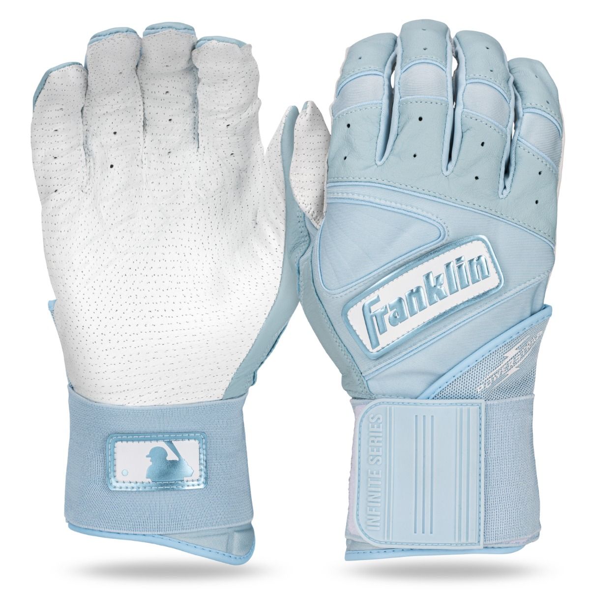 Franklin PowerStrap Infinite Series Youth Batting Gloves in Carolina Blue for young athletes' performance and durability.