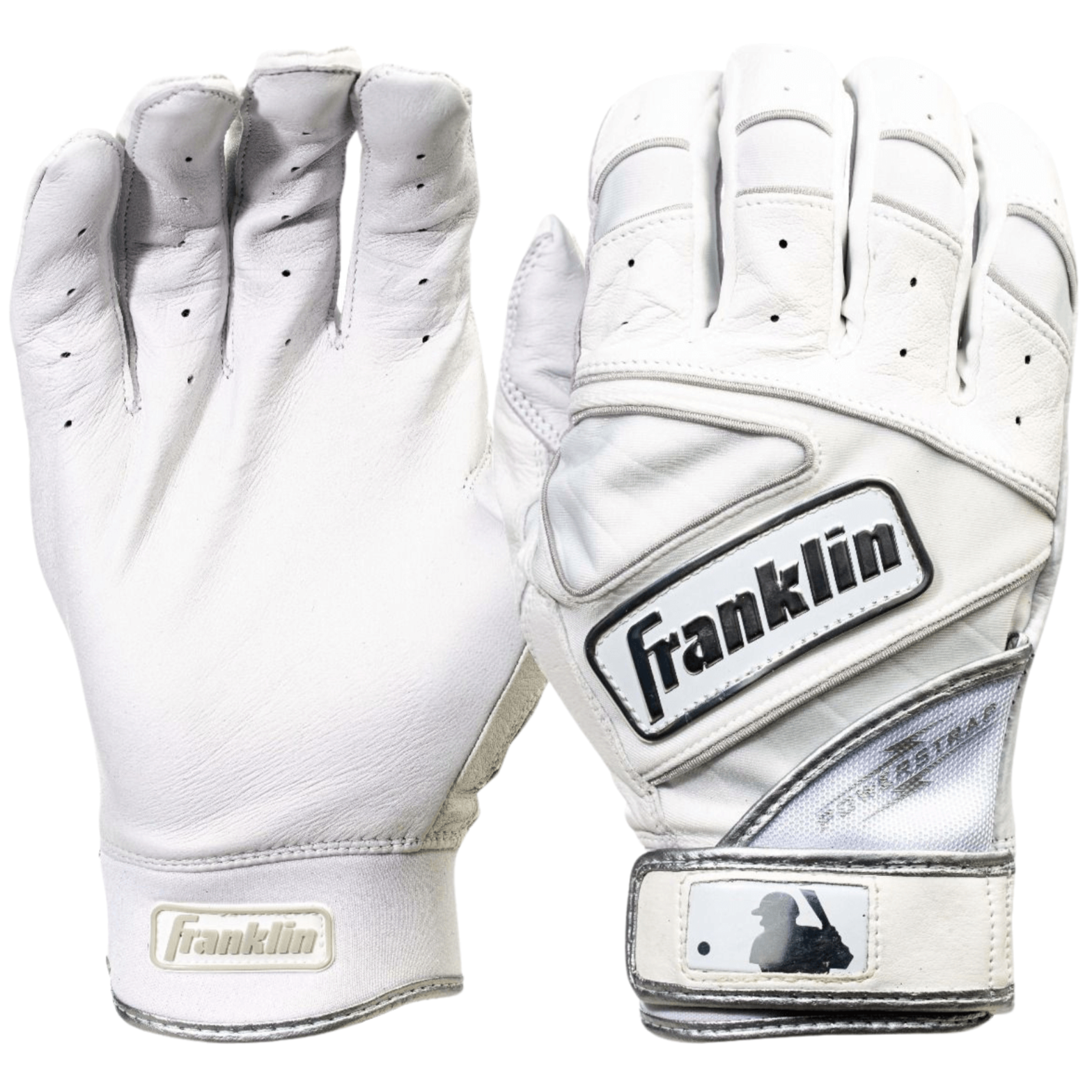 Franklin Powerstrap Chrome Batting Gloves Pearl/White with snug wrist-closure system