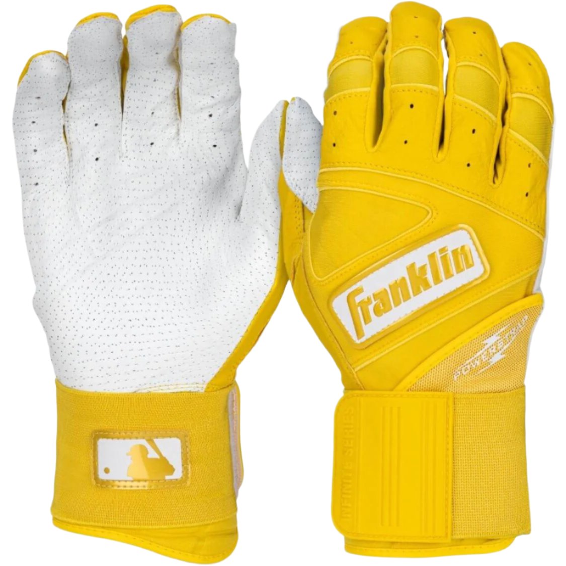 Franklin PowerStrap Infinite Series Adult batting gloves in yellow, featuring secure fit and innovative grip technology.