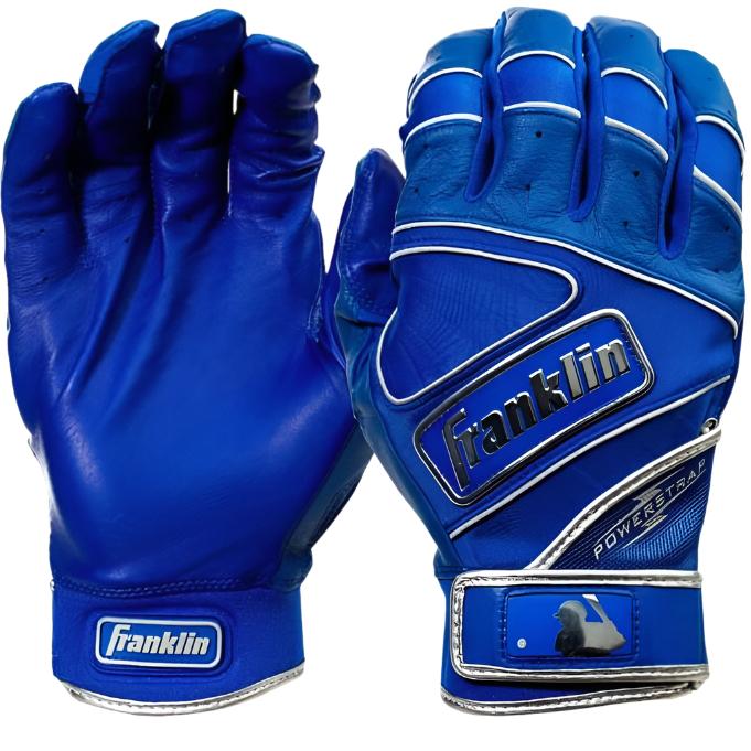 Franklin Powerstrap Chrome Royal gloves in blue leather, featuring a snug wrist closure and seamless palm for enhanced performance.