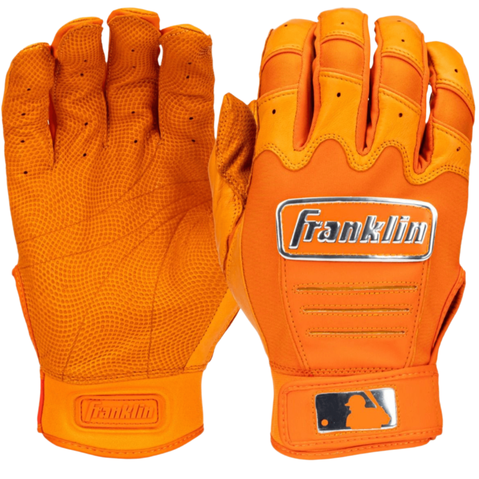 Franklin MLB CFX Pro Chrome Batting Gloves in vibrant orange, featuring durable sheepskin leather and tech fit design.