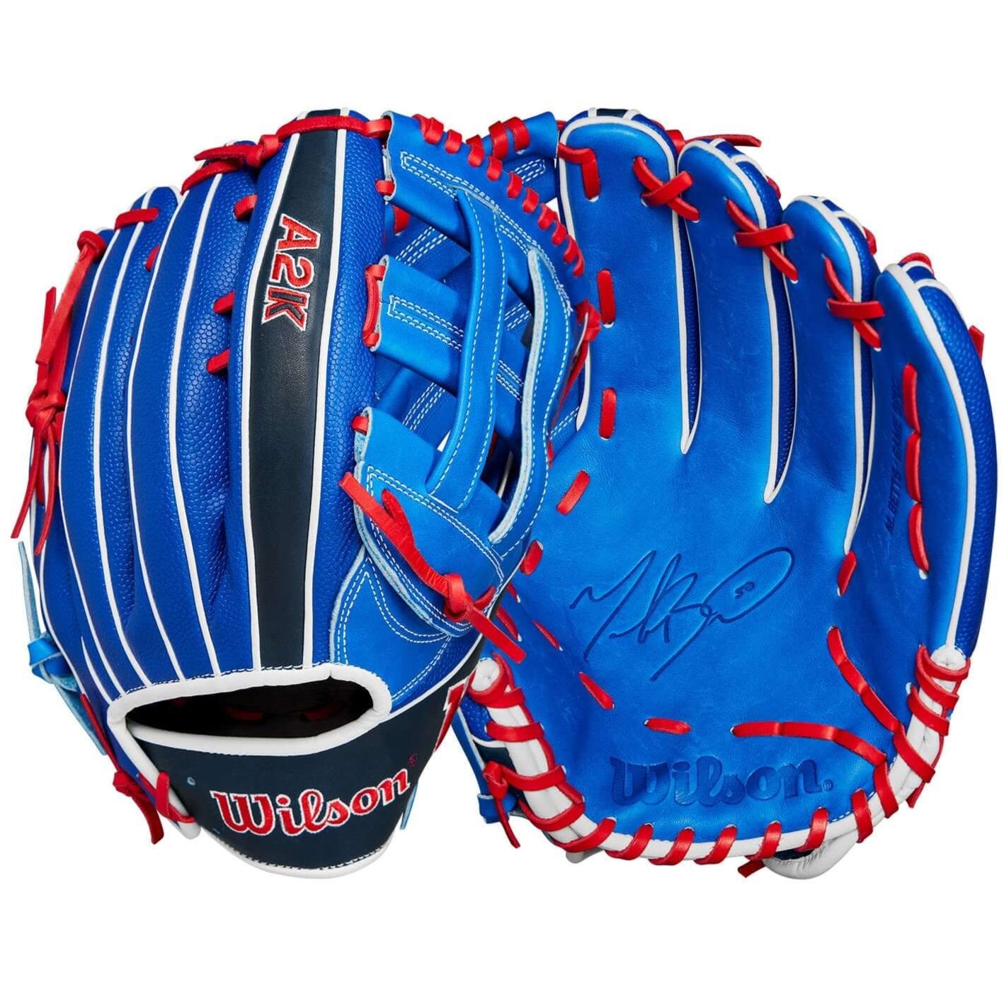 Wilson A2K Mookie Betts 12.5" outfield glove with blue leather and red accents, featuring a Dual Post Web design.