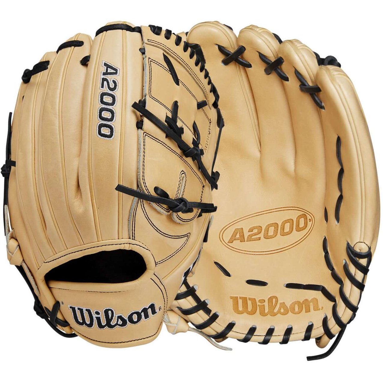 Wilson 2024 A2000 B2 Blonde/Black 12" pitcher's glove featuring Pro Stock leather and closed two-piece web design.