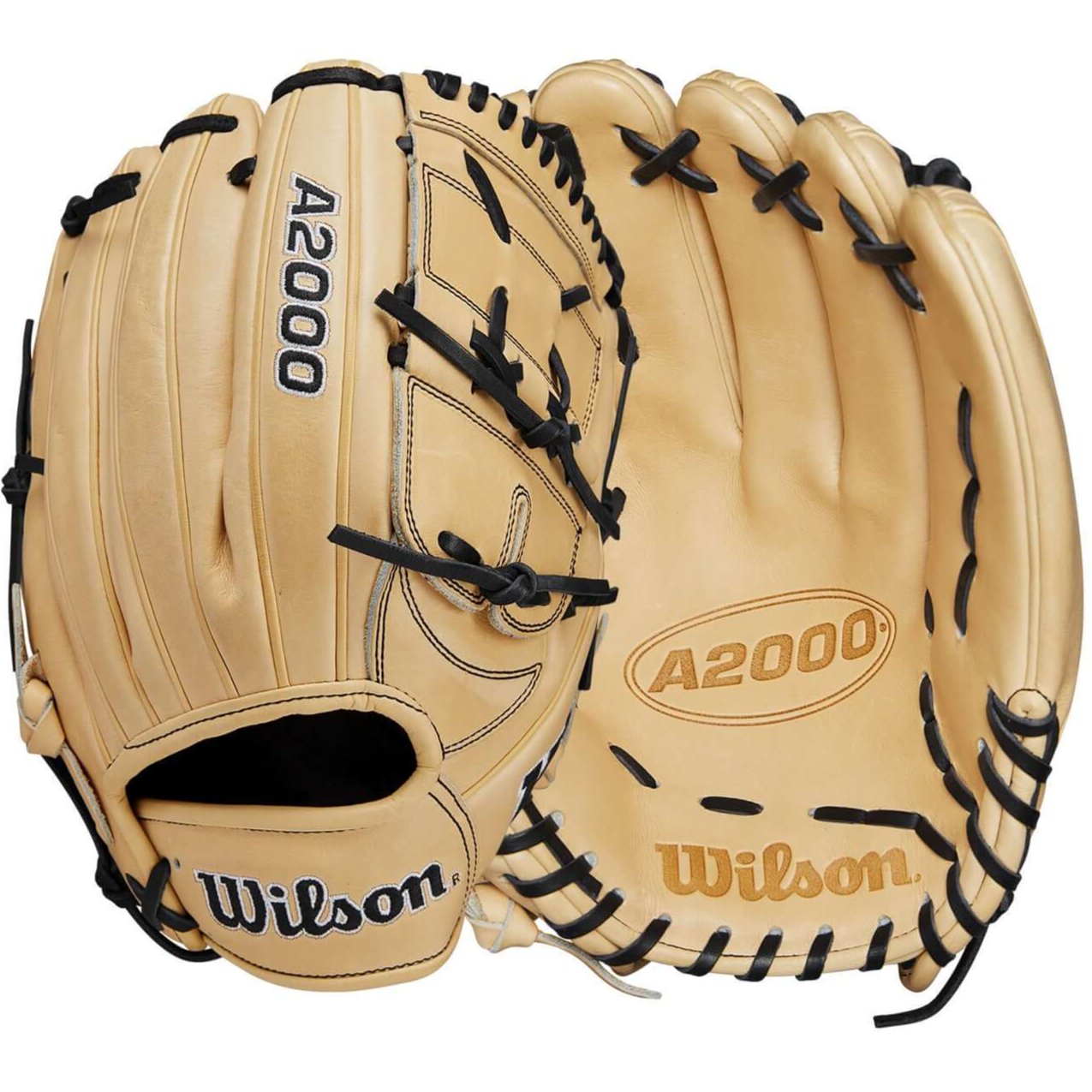 Wilson A2000 B2 pitcher's glove featuring blonde Pro Stock leather and a closed two-piece web design, 12 inches in size.