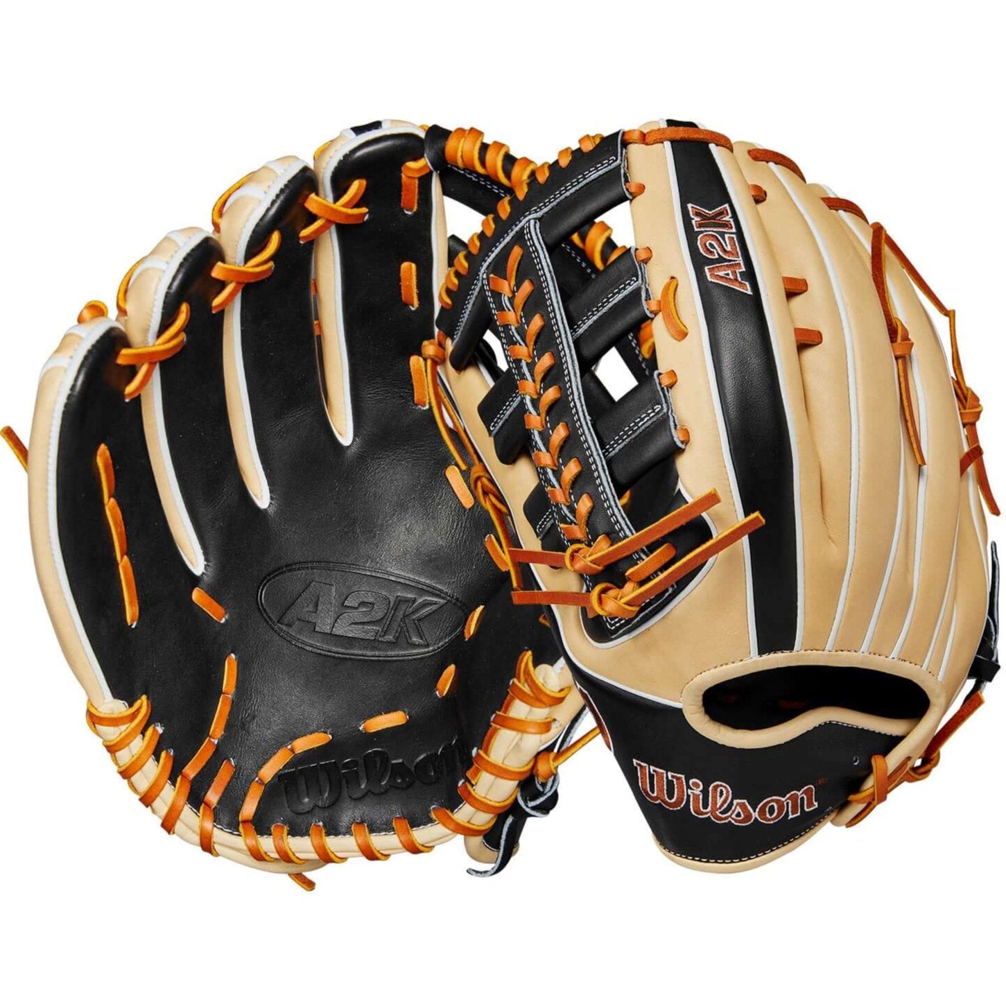 Wilson A2K 1810 Outfield Baseball Glove in Blonde and Black with orange laces, designed for optimal fit and control.