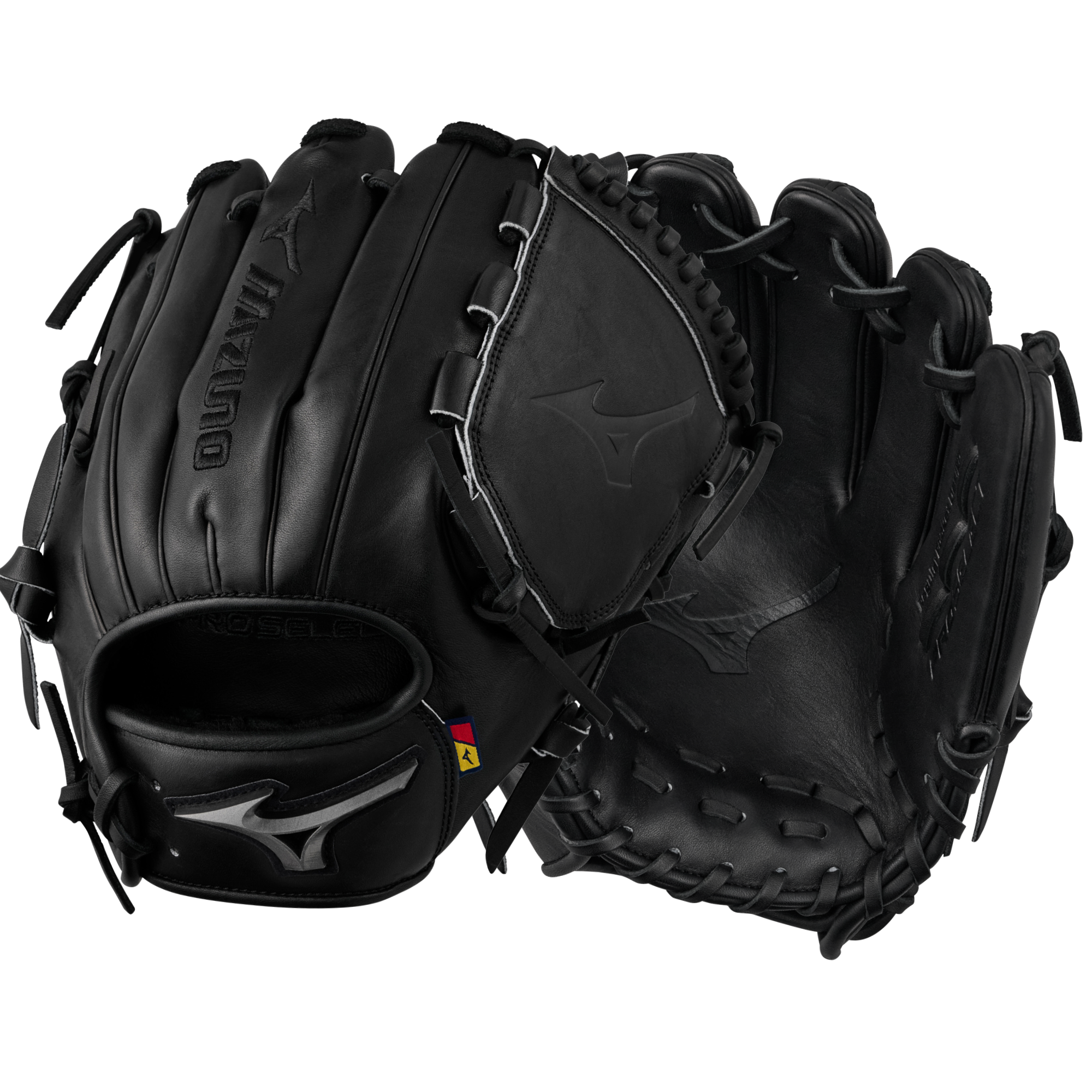 Front and back view of Mizuno GPS-11D Pro Select Glove showcasing sleek Abyss Black design.