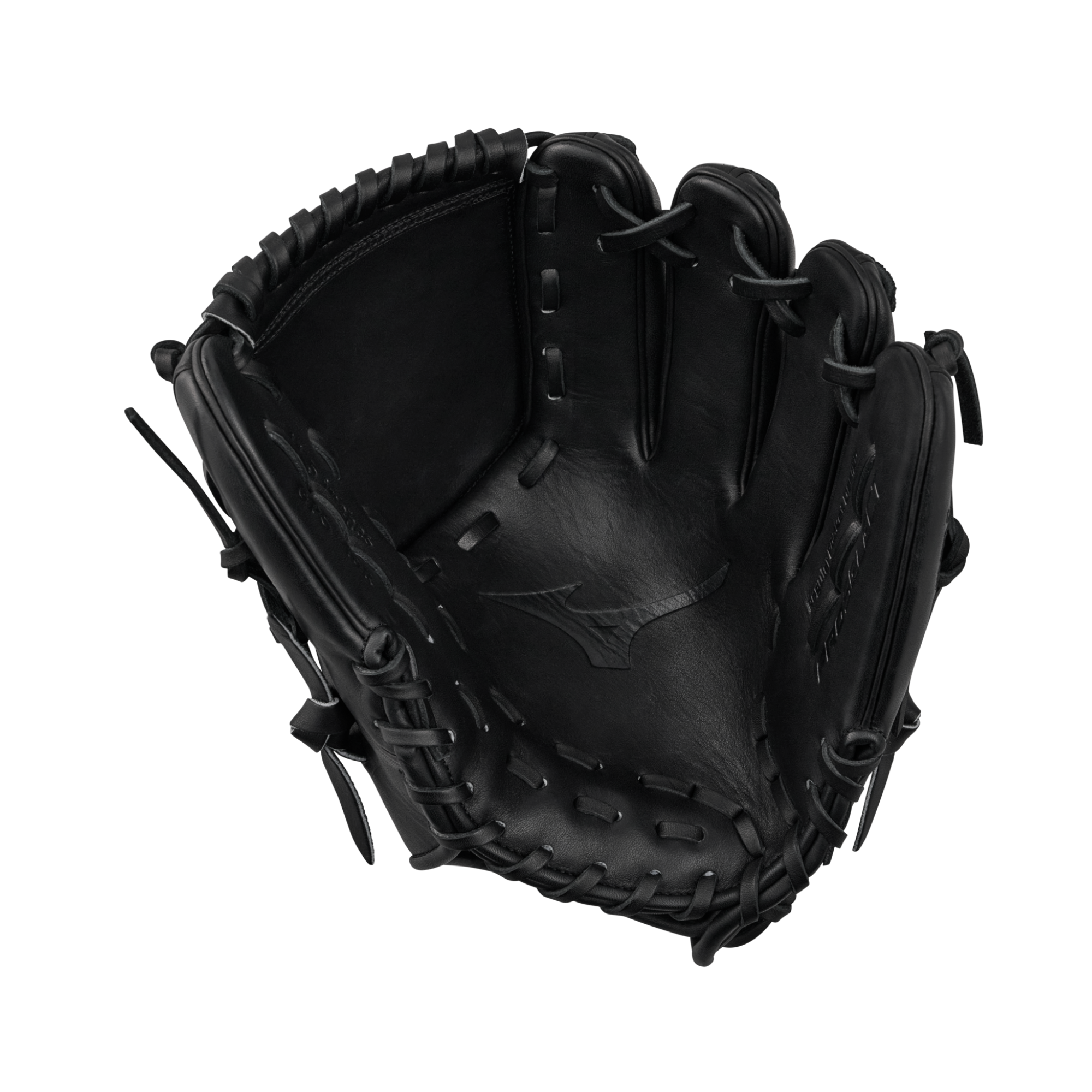 Close-up of the front featuring Tartan Runbird debossed web on Mizuno Pro Select Glove.
