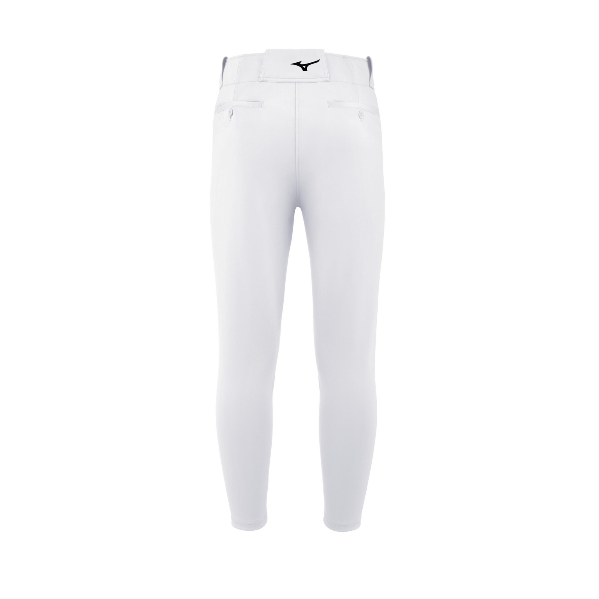 Mizuno Premier Tapered Tweener Pant White, featuring tunnel-belt loop waist and back pockets, perfect for baseball enthusiasts.