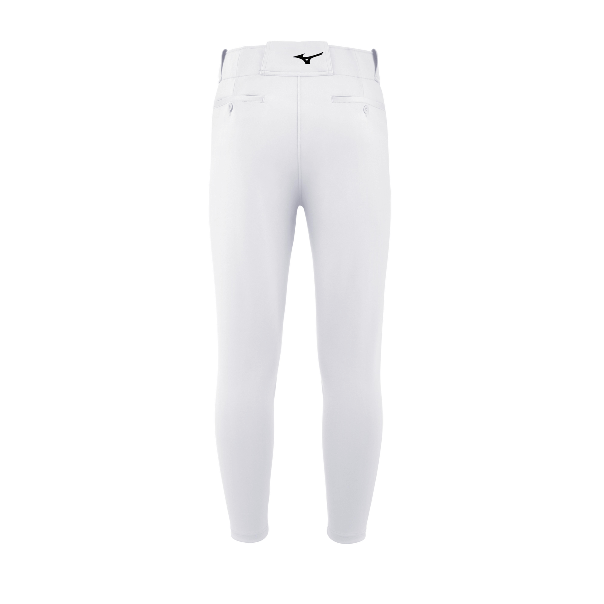 Mizuno Youth Premier Tapered Tweener Pant in white, featuring a slim fit and double knee design, perfect for baseball.