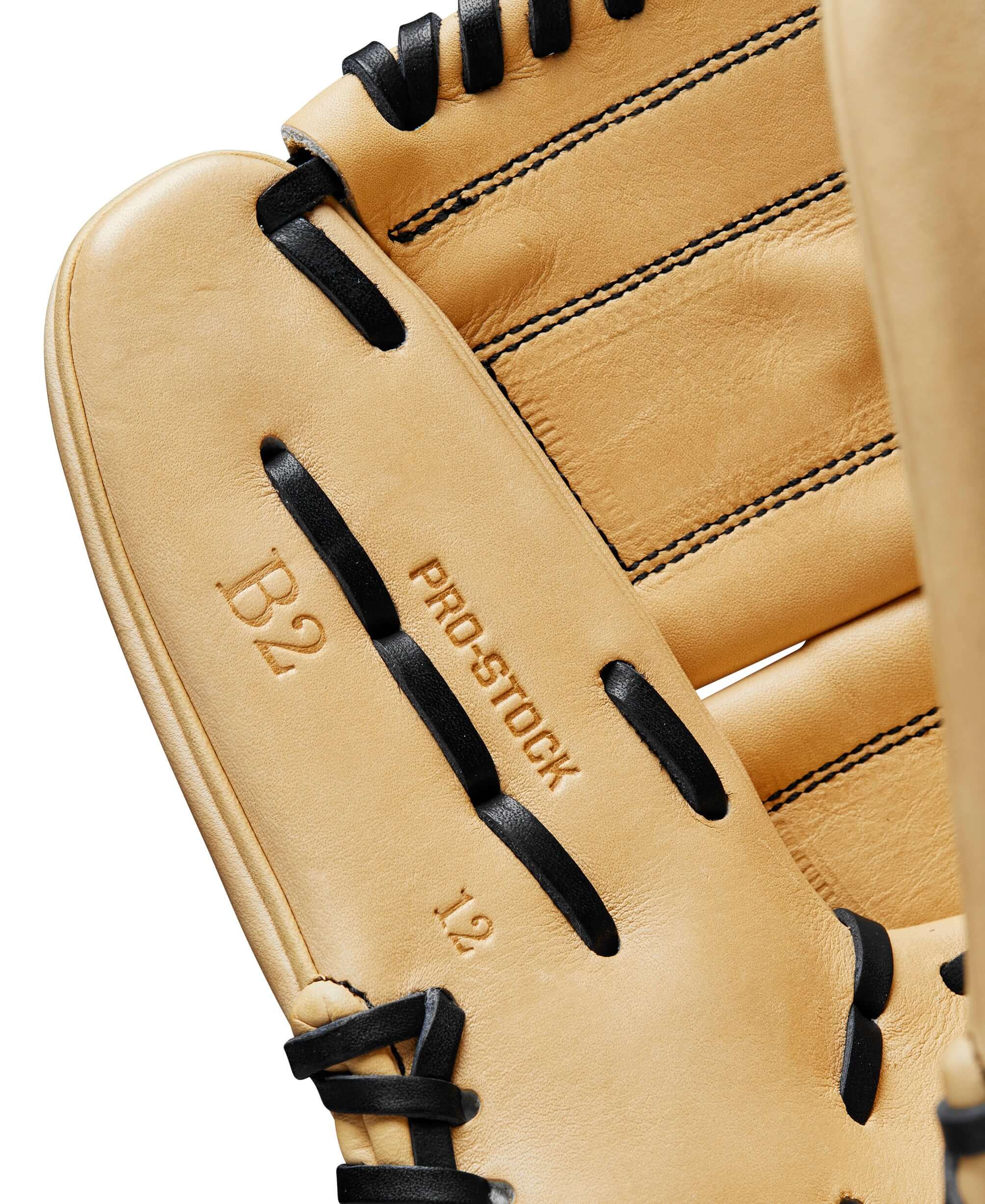 Close-up of the Wilson 2024 A2000 B2 glove interior showcasing PRO STOCK® leather and size details for optimal performance.