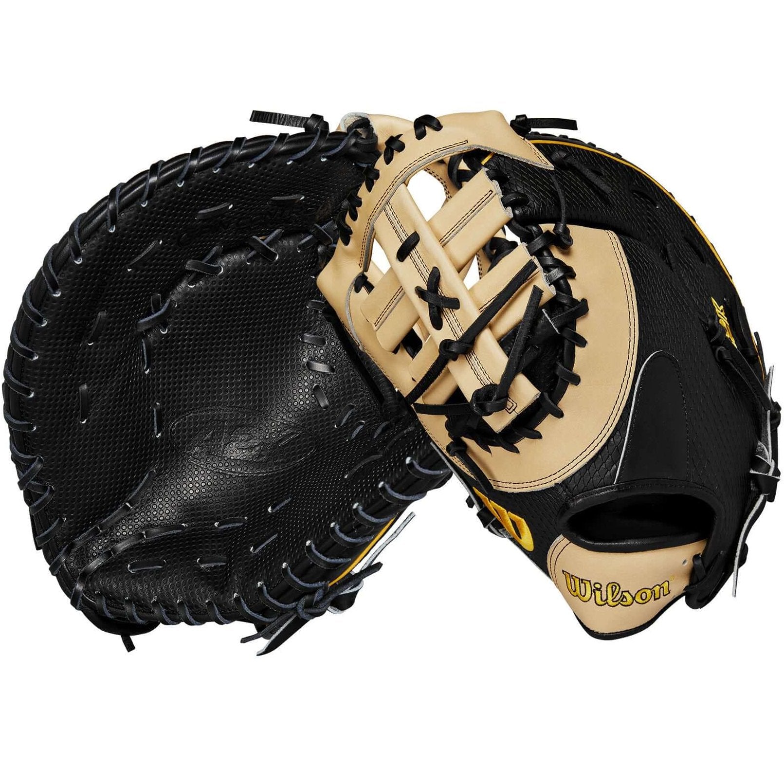 Wilson 2024 A2K Jose Abreu first base mitt showing black and tan leather design and advanced technology features.