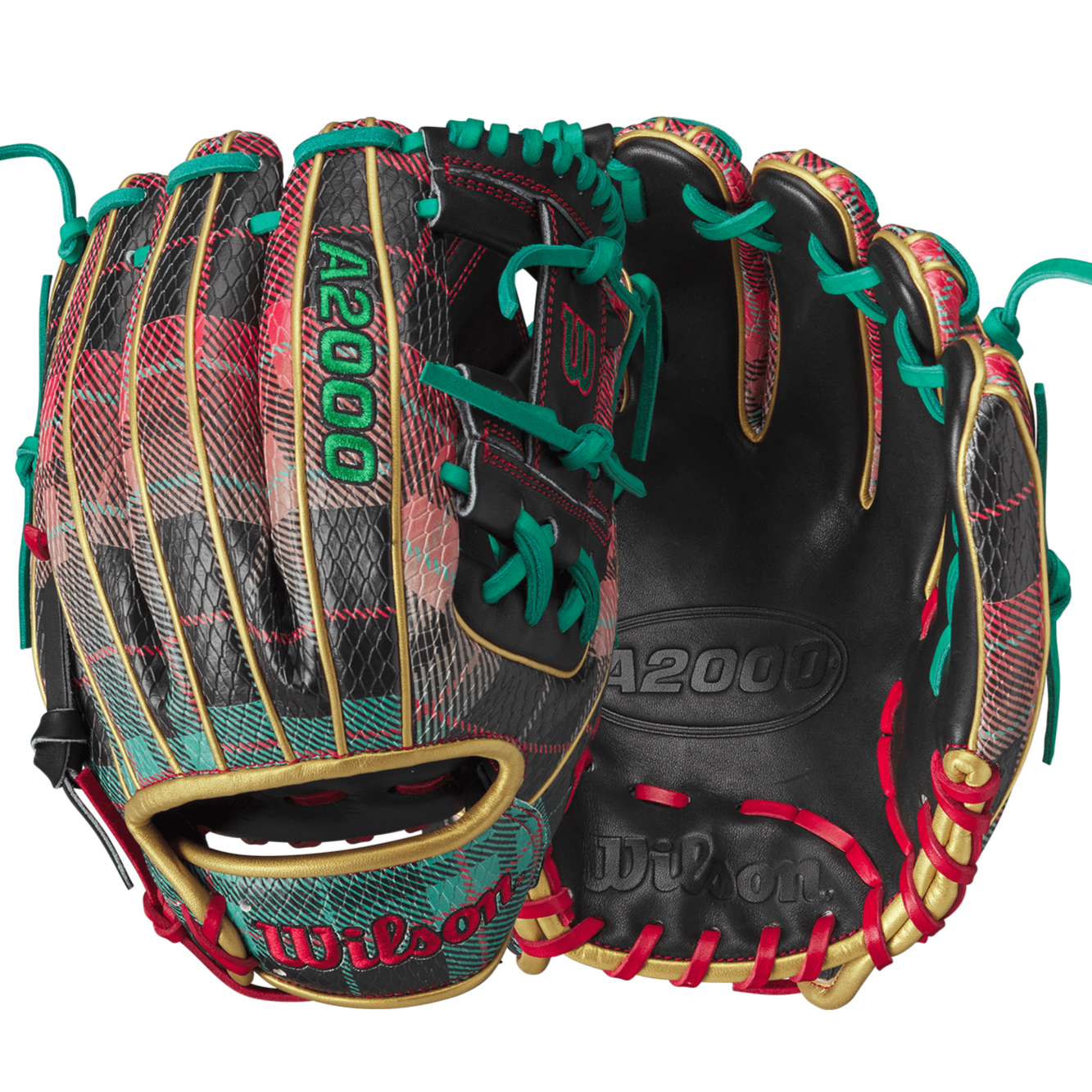 Wilson 2023 A2000 Holiday Sweater 1786 baseball glove in Red & Green plaid with Metallic Gold accents.