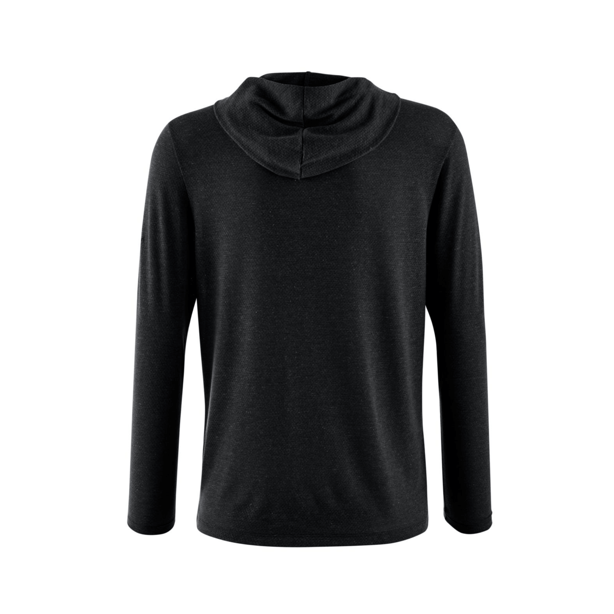 Back view of Mizuno Infinity Training Hoodie in black, featuring a crossover hood and breathable fabric for outdoor workouts.