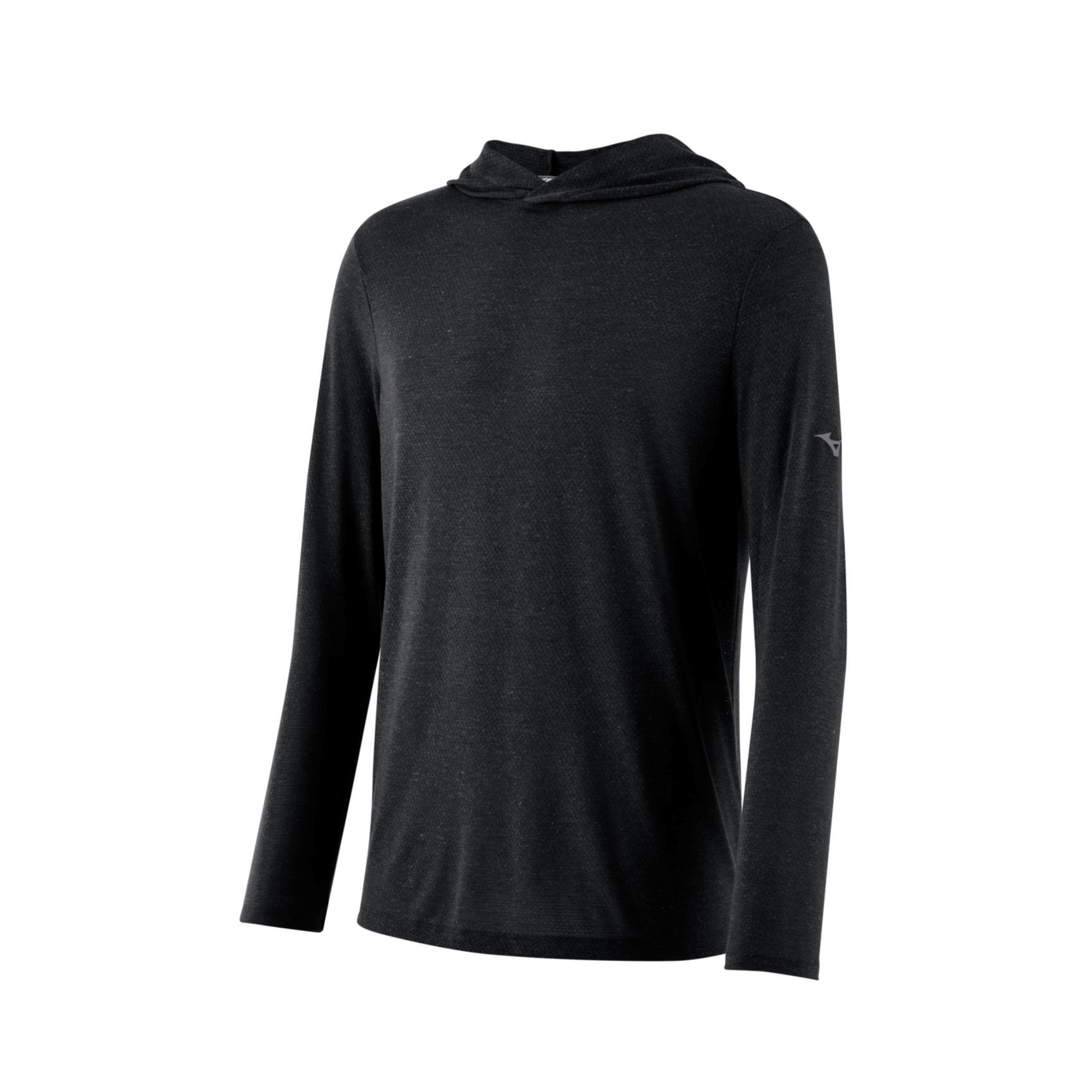 Mizuno Infinity Training Hoodie in black, featuring breathable fabric and crossover hood for optimal comfort during workouts.