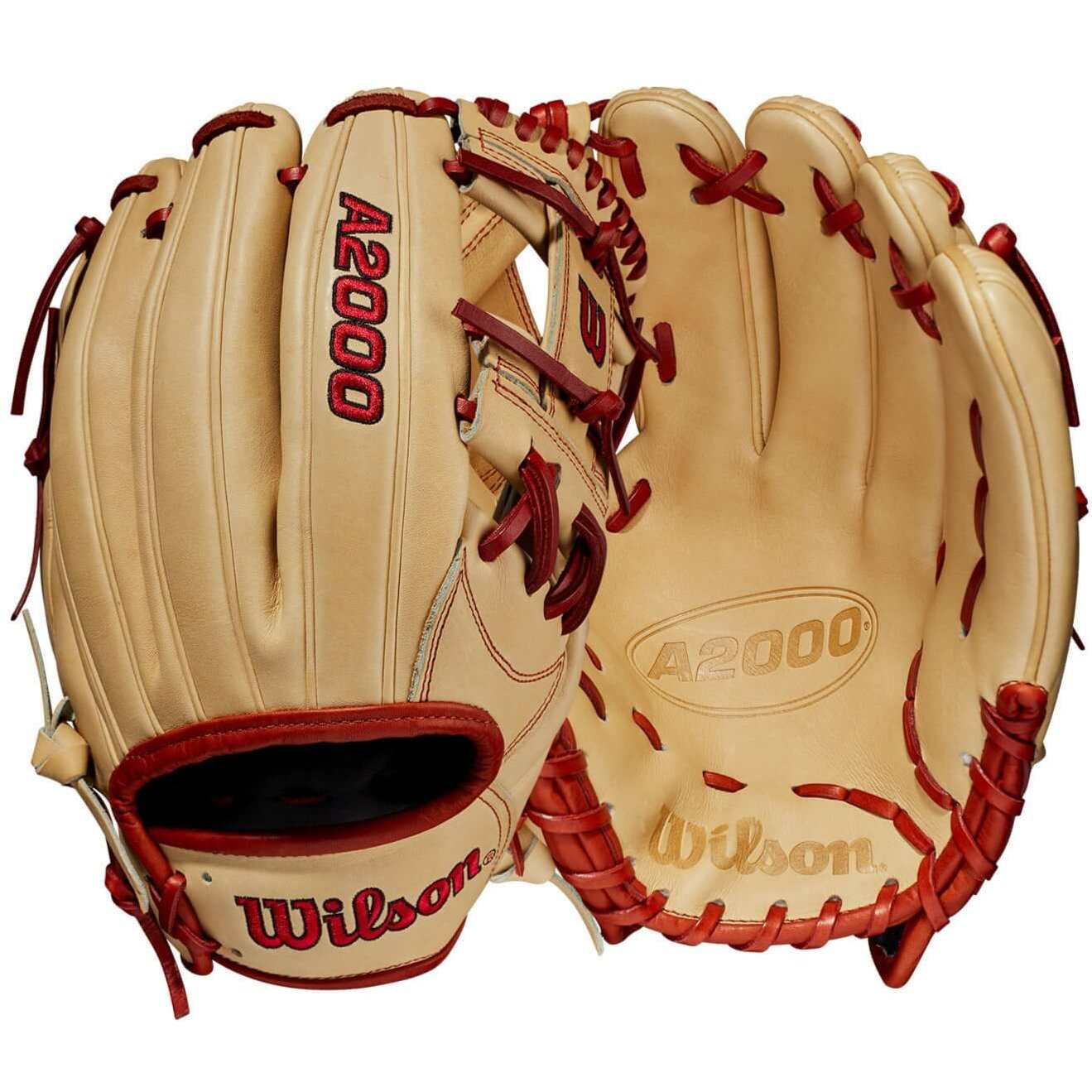 Wilson A2000 1787 11.75" glove in Blonde and Copper leather, featuring ComfortPro Lining and Flat Finger Binding for enhanced feel.