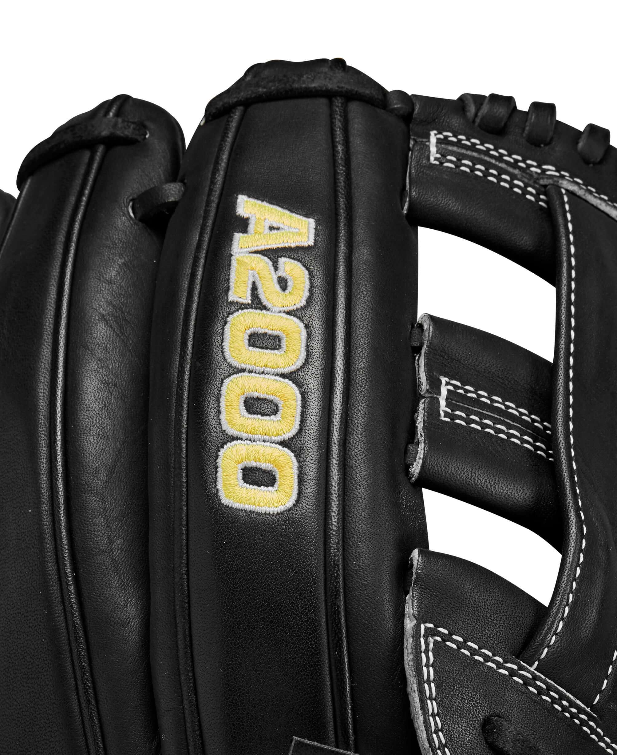 Close-up of Wilson A2000 infield glove detailing, showcasing the durable black leather and yellow A2000 logo.