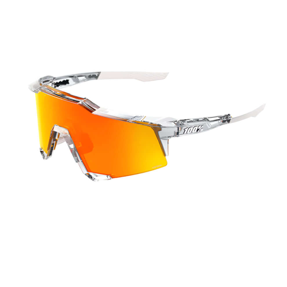 100% Speedcraft Polished Translucent Clear sunglasses with HiPER Red Multilayer Mirror lens for cycling performance.