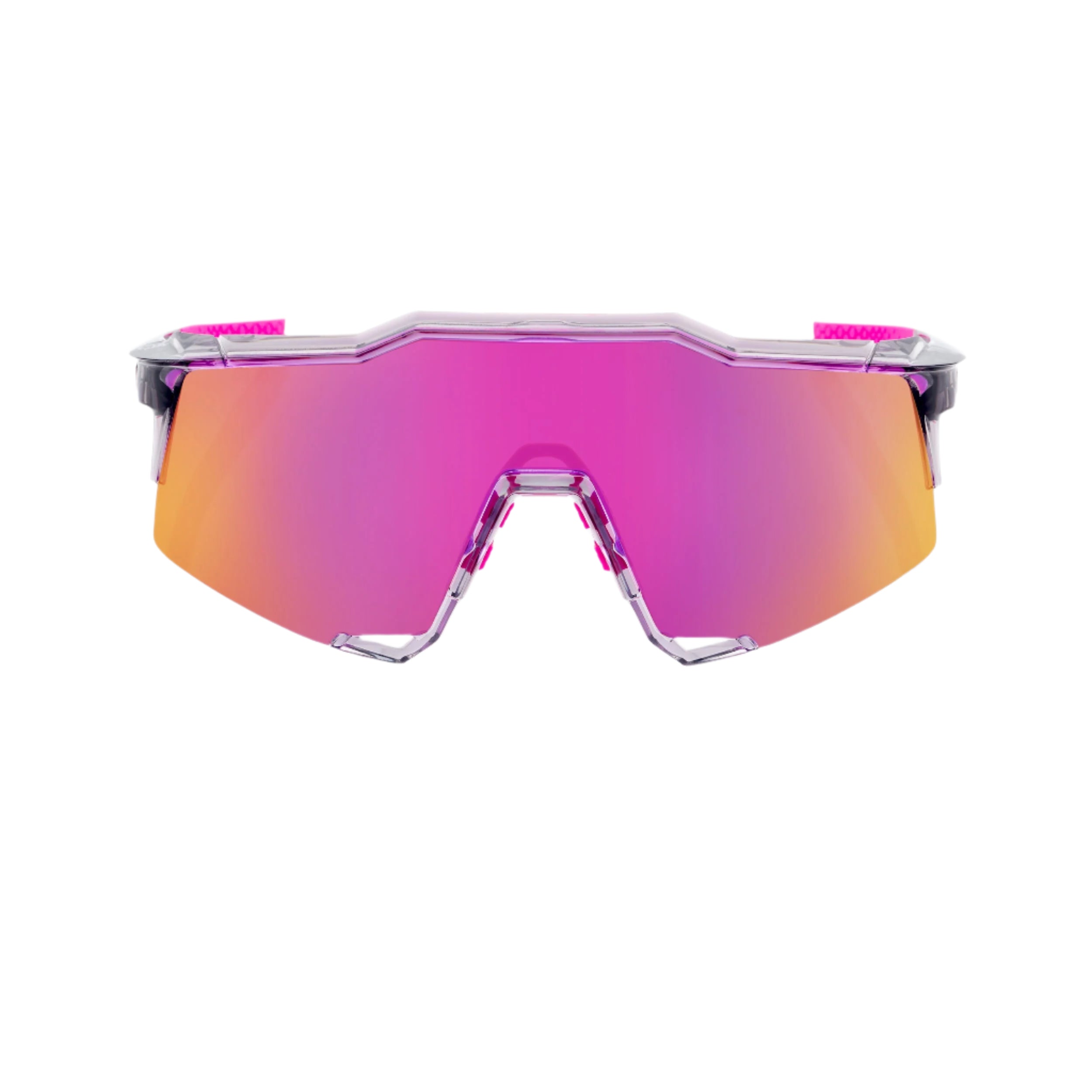 Front view highlighting sports performance style of 100% Speedcraft Grey Purple Mirror sunglasses