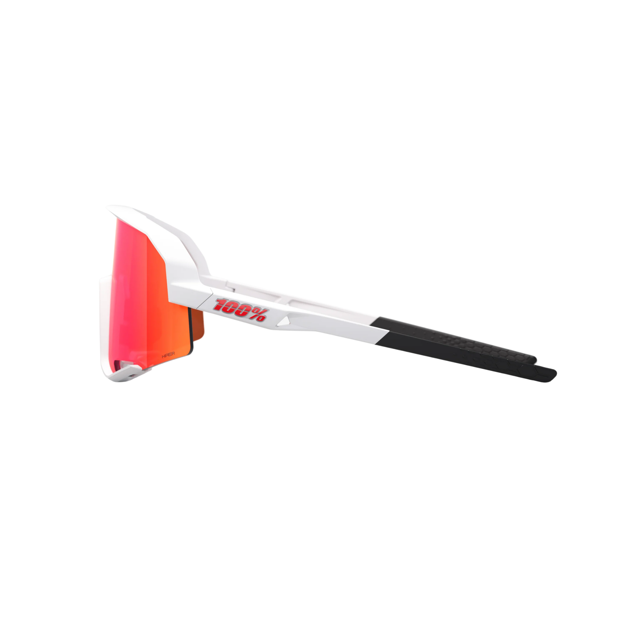 Side view displaying 100% brand logo on Slendale Matte White Red Mirror sunglasses