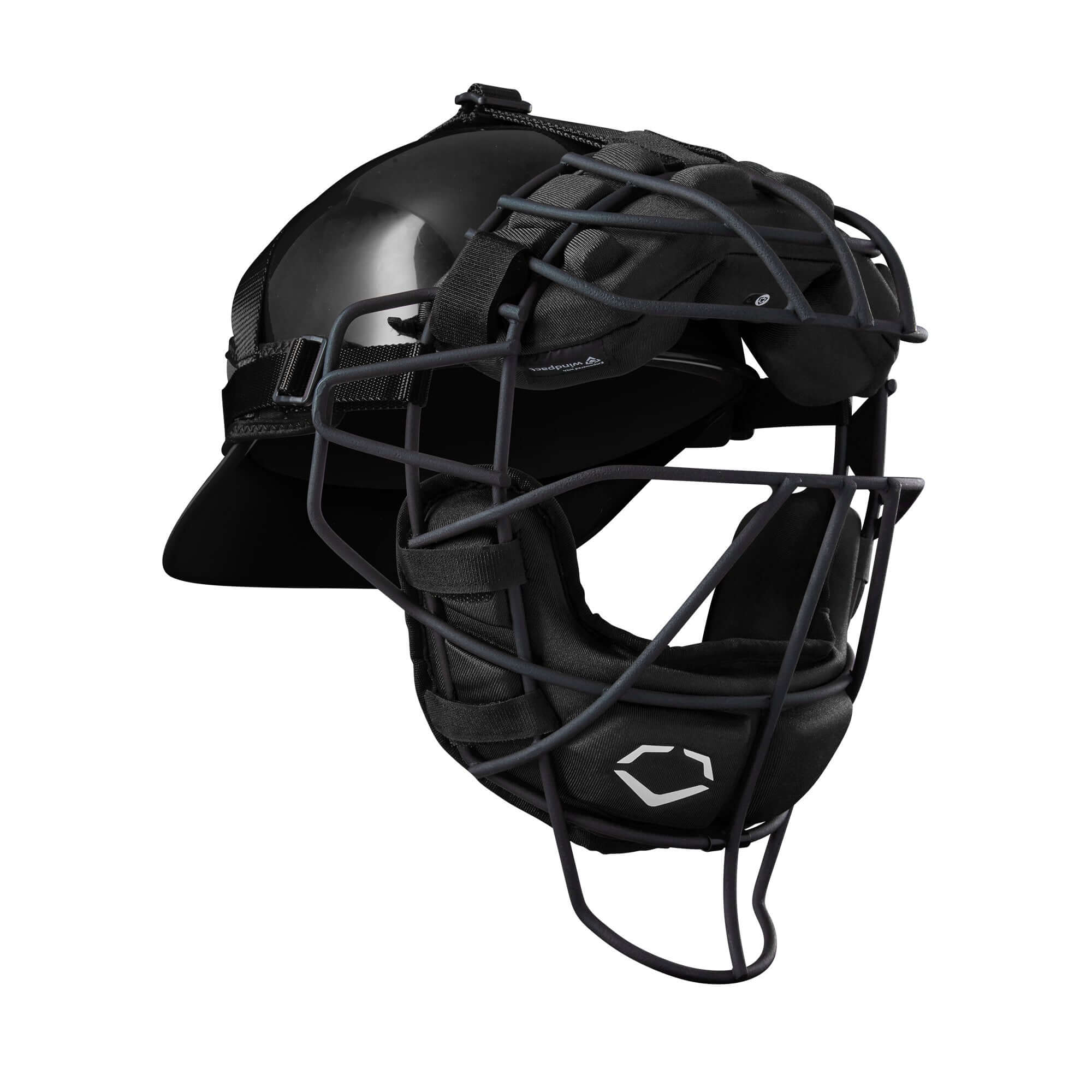 Evoshield Pro-SRZ Catcher's Face Mask in black with no-slip harness and durable steel frame for maximum visibility.