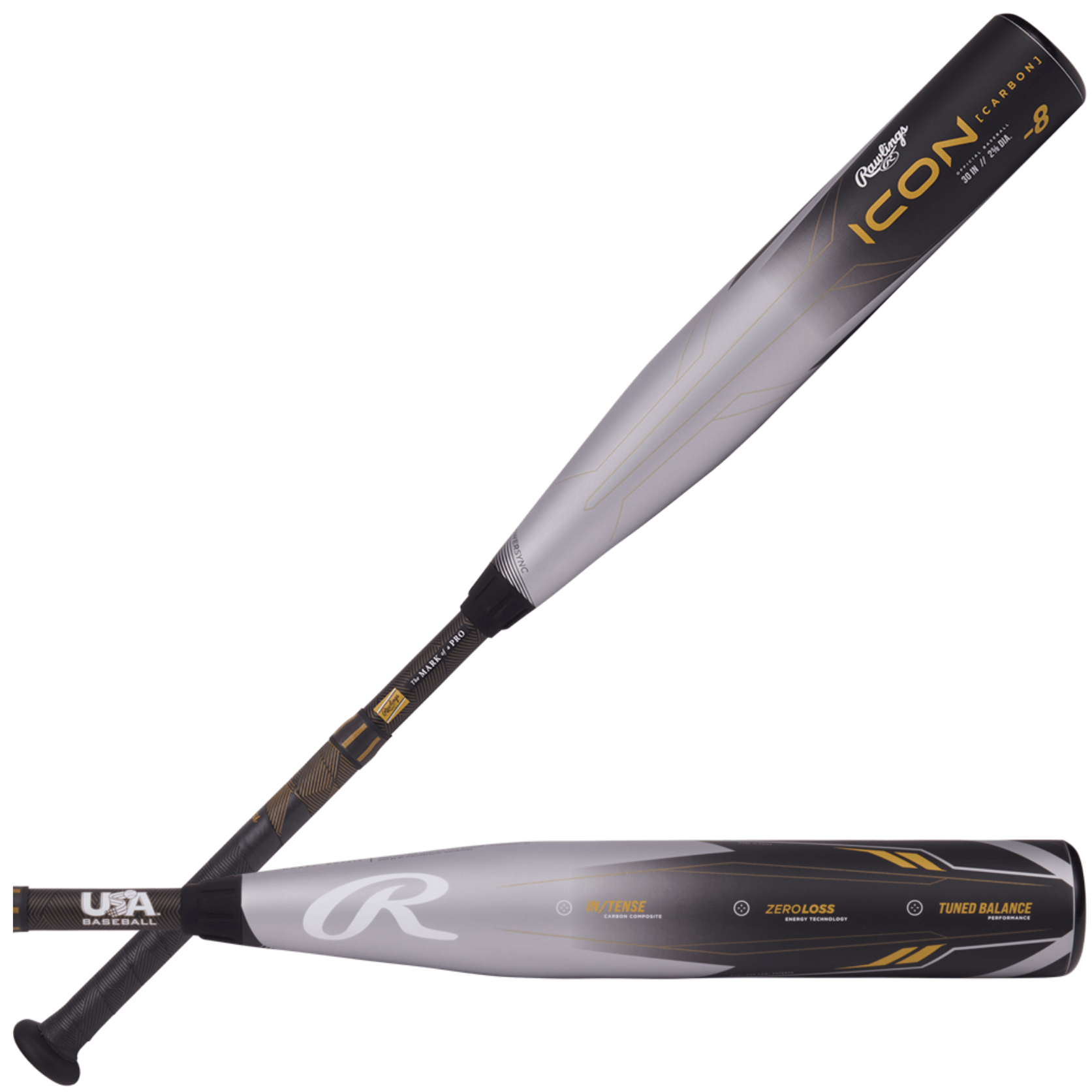 Rawlings Icon -8 USA Youth Baseball Bat, 2023 model, with In/Tense carbon composite construction.