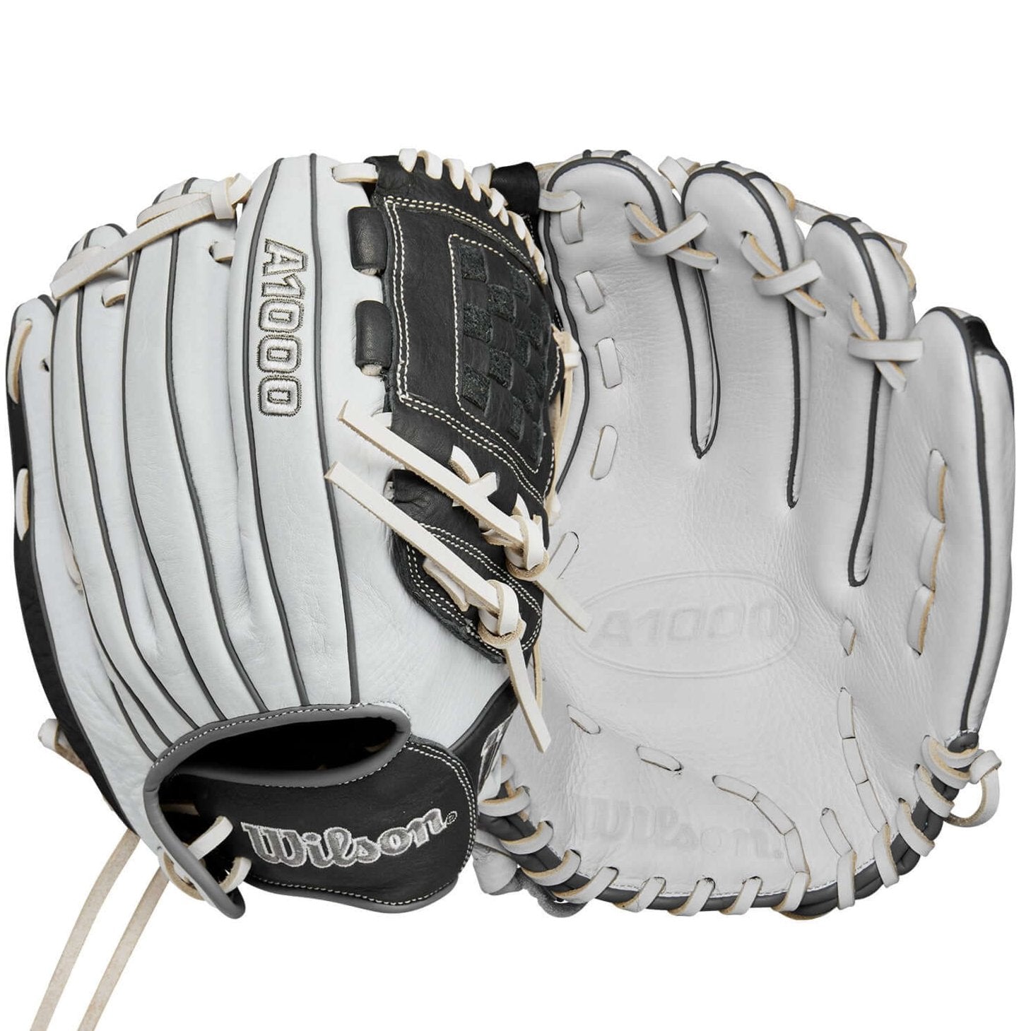 Wilson 2024 A1000 P12 Pitcher's Fastpitch Softball Glove, 12” LHT, Grey and White Full Grain Leather design.