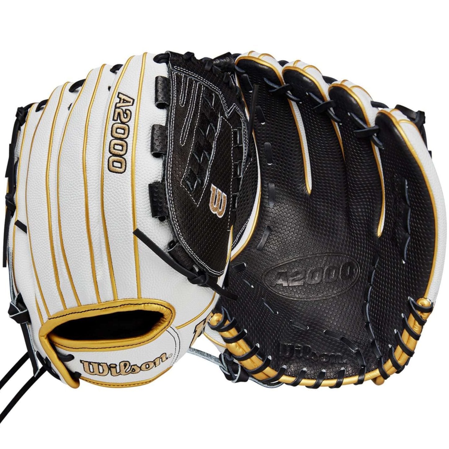 Wilson 2024 A2000 FP SCV125SS 12.5 LHT softball glove, white/black/gold, with Pro Stock leather and Spin Control Technology.