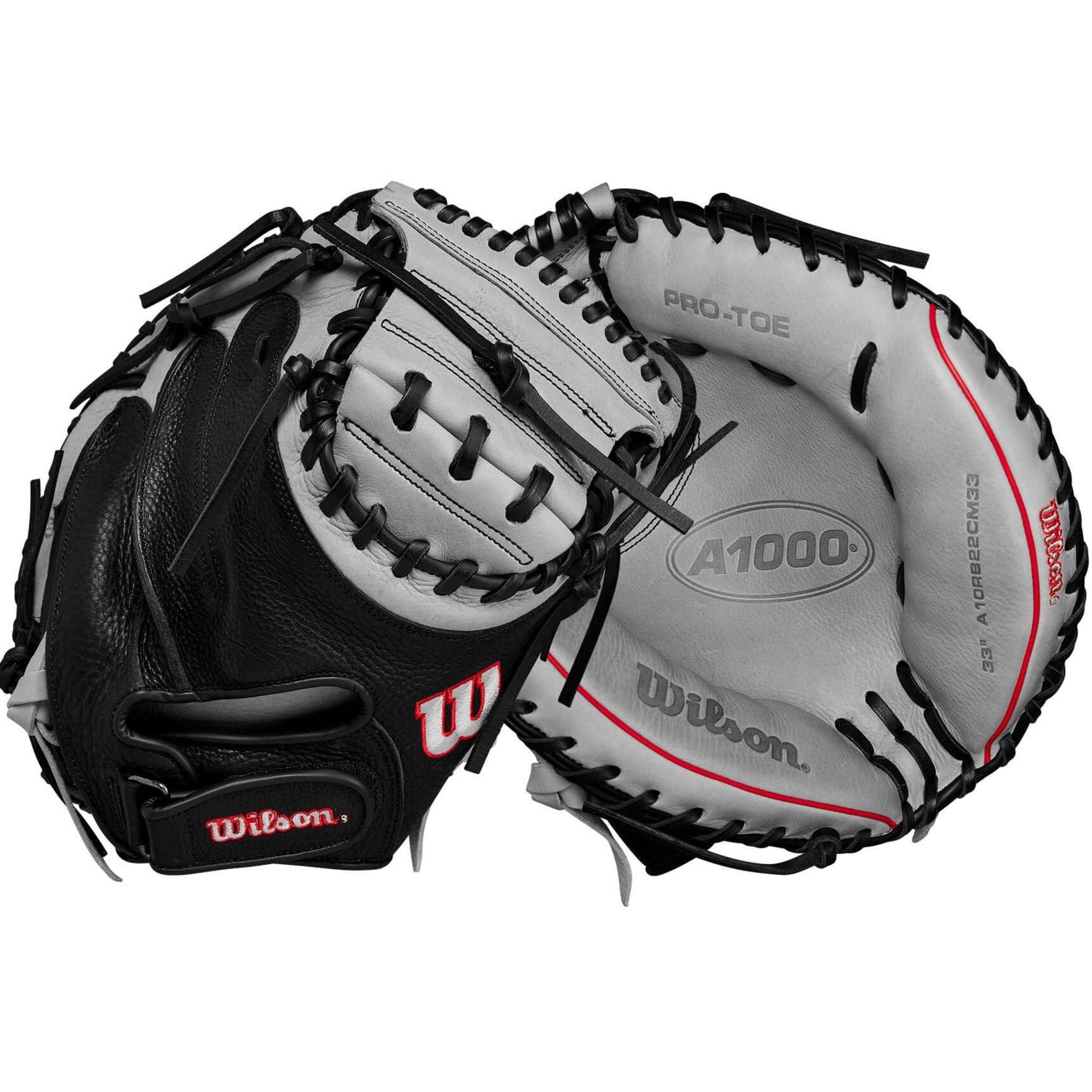 Wilson 2024 A1000 CM33 baseball catcher's mitt in silver, black, and red with Half Moon Web design and DriLex wrist lining.