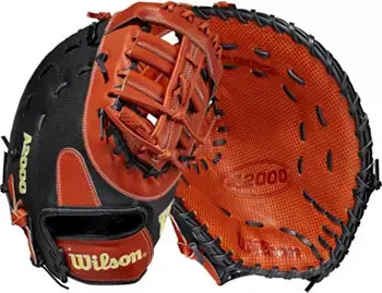 Wilson A2000 Spin Control 1620 12.5" first base mitt in copper and black, featuring dimpled texture and lightweight SuperSkin.