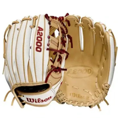 Wilson A2000 FP75 Superskin glove in blonde and white, designed for middle infielders for optimal control and comfort.