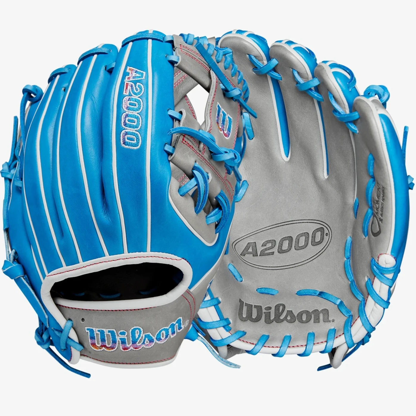 Wilson A2000 1786 blue and grey baseball glove featuring Pro Stock leather and classic H-Web design.