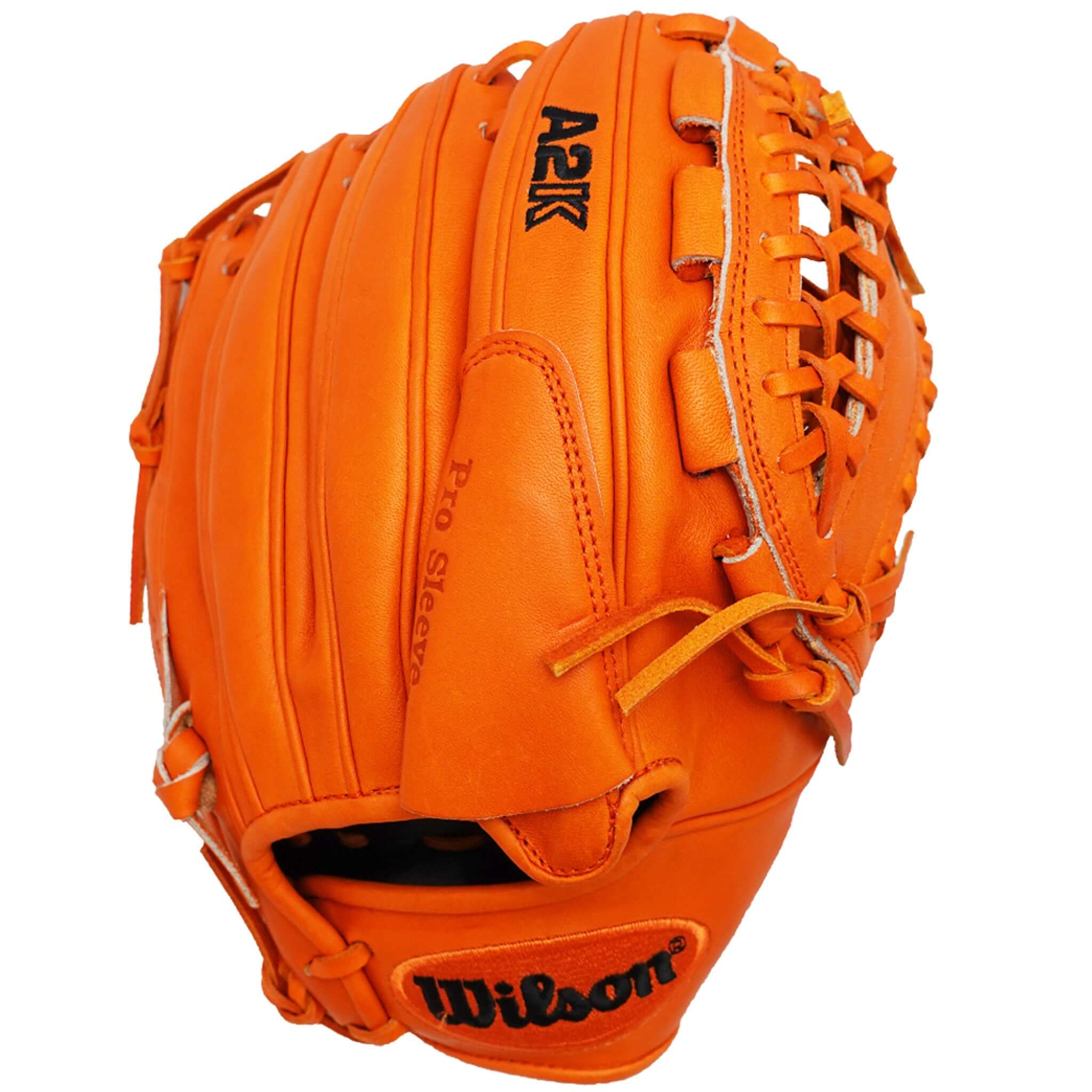 Wilson A2K JF16 GM glove, orange leather design for pitchers, premium quality and performance.