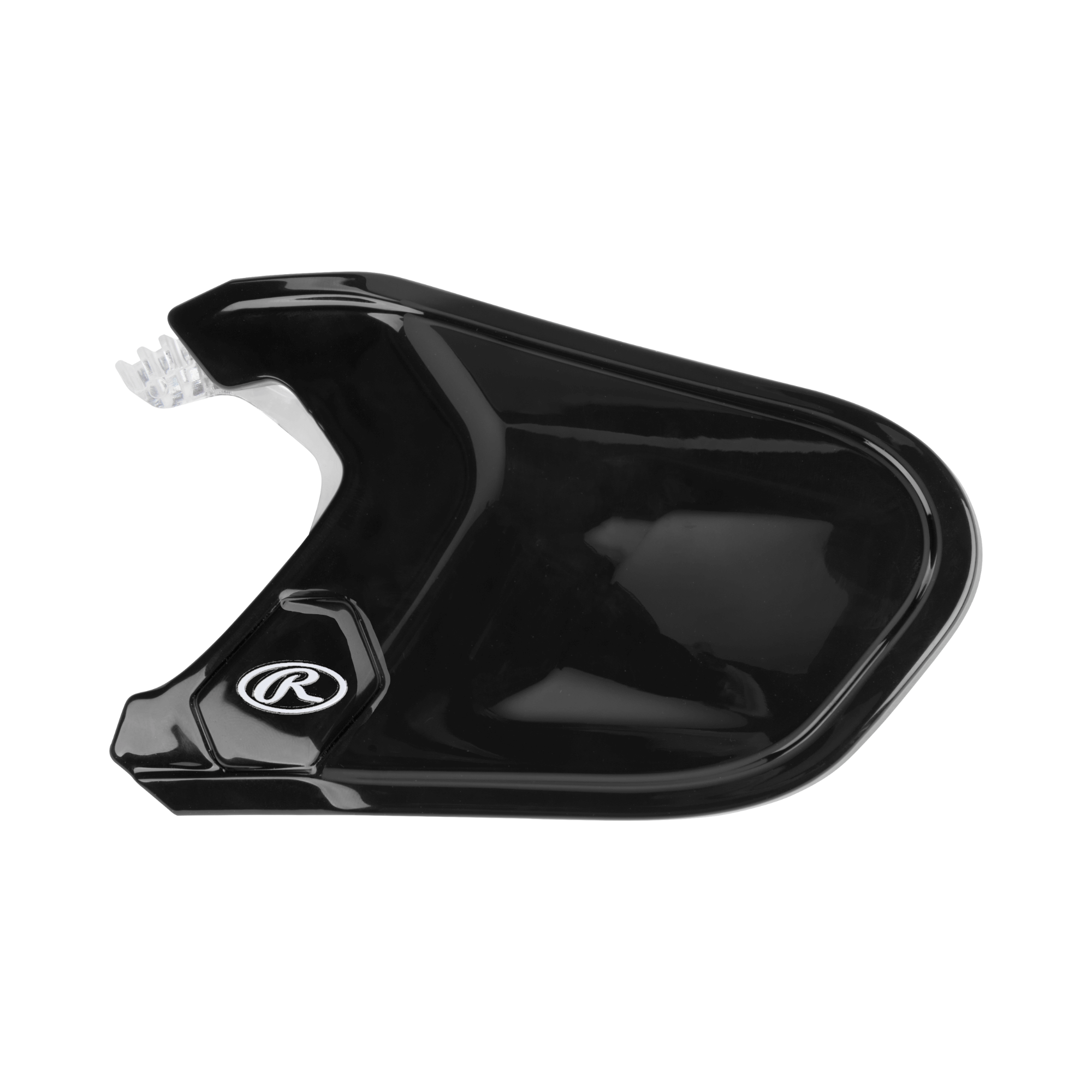 Rawlings Gloss Adjustable Jaw Guard for MACH helmets, featuring sleek black design and ergonomic fit for maximum protection.