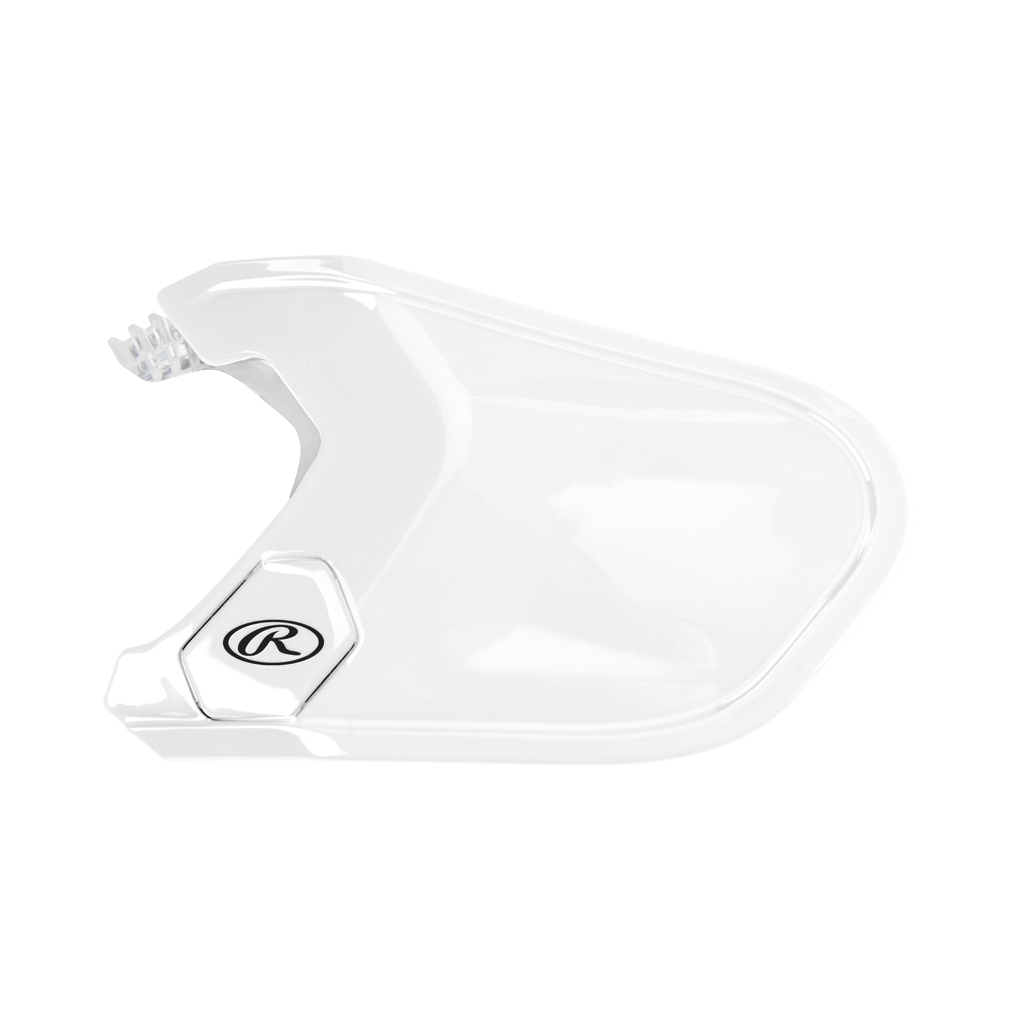 Rawlings Gloss Adjustable Jaw Guard for MACH Batting Helmet in white, designed for optimal hitter protection and comfort.