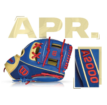 Custom Wilson A2000 1786 SS glove in blue and yellow with red accents, featuring April GOTM design.