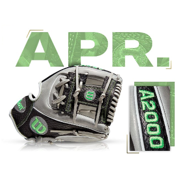 Wilson A2000 1786 glove, custom design for April 2019, featuring a sleek gray and black color scheme with vibrant green accents.