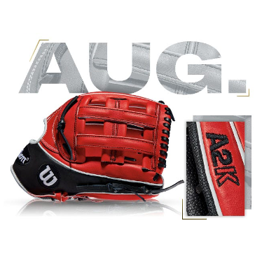 Wilson A2K 1799 Mookie Betts glove - custom design with red and black colors, featured for August 2016 GOTM edition.