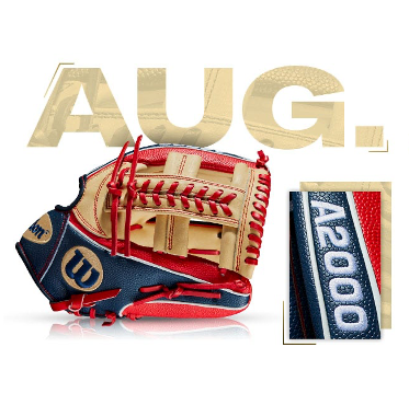 Wilson A2000 1785 SS glove in red and navy, featuring Marwin Gonzalez GM design for August 2019.