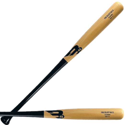 B45 RA13 Black and Varnished Yellow Birch baseball bats for enhanced performance and reduced breakage.