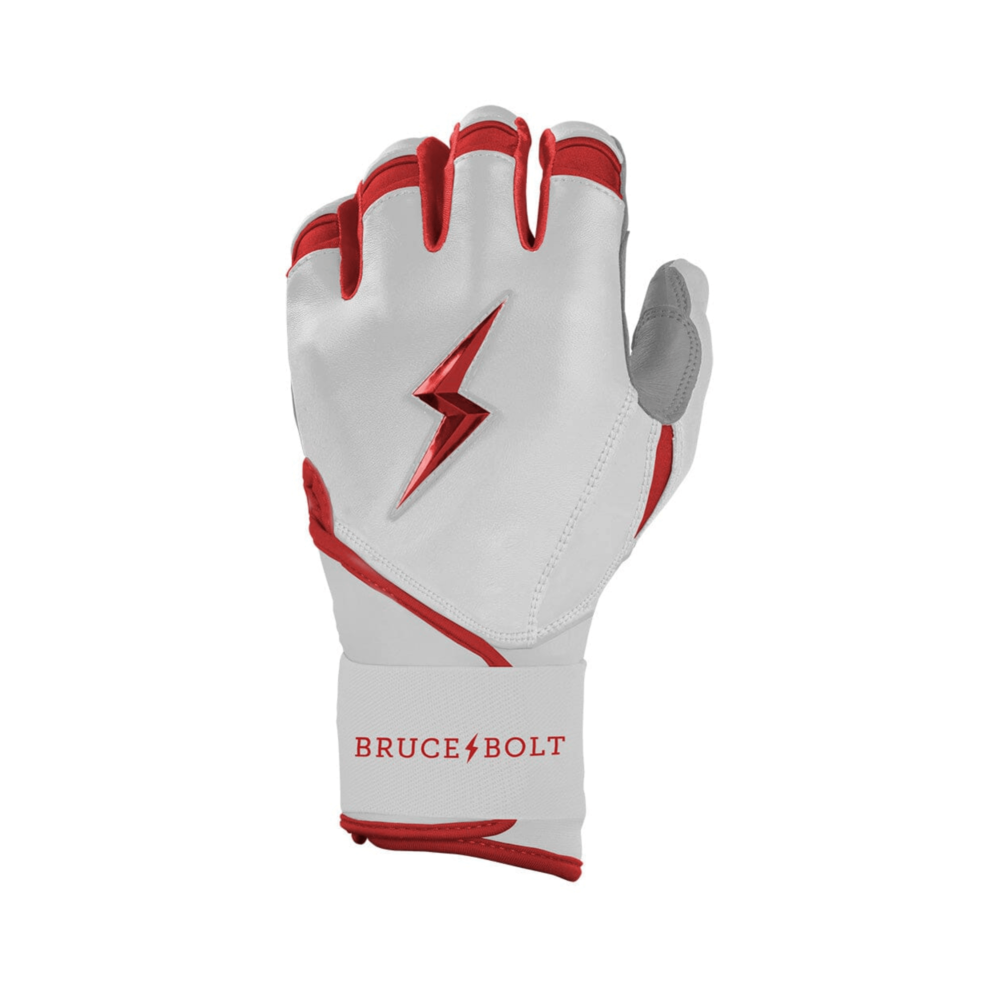 Left side Bruce Bolt Youth Premium Pro Chrome Batting Glove, red color