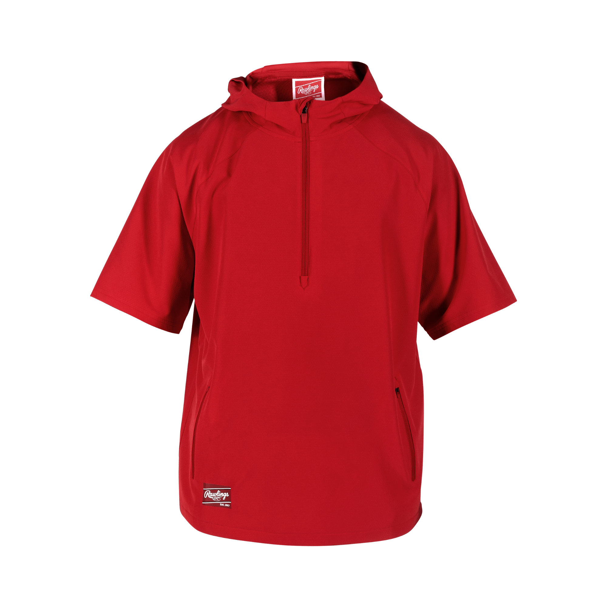 Rawlings Adult ColorSync Short Sleeve Cage Jacket in red, featuring a hood, ideal for athletic performance and stylish wear.