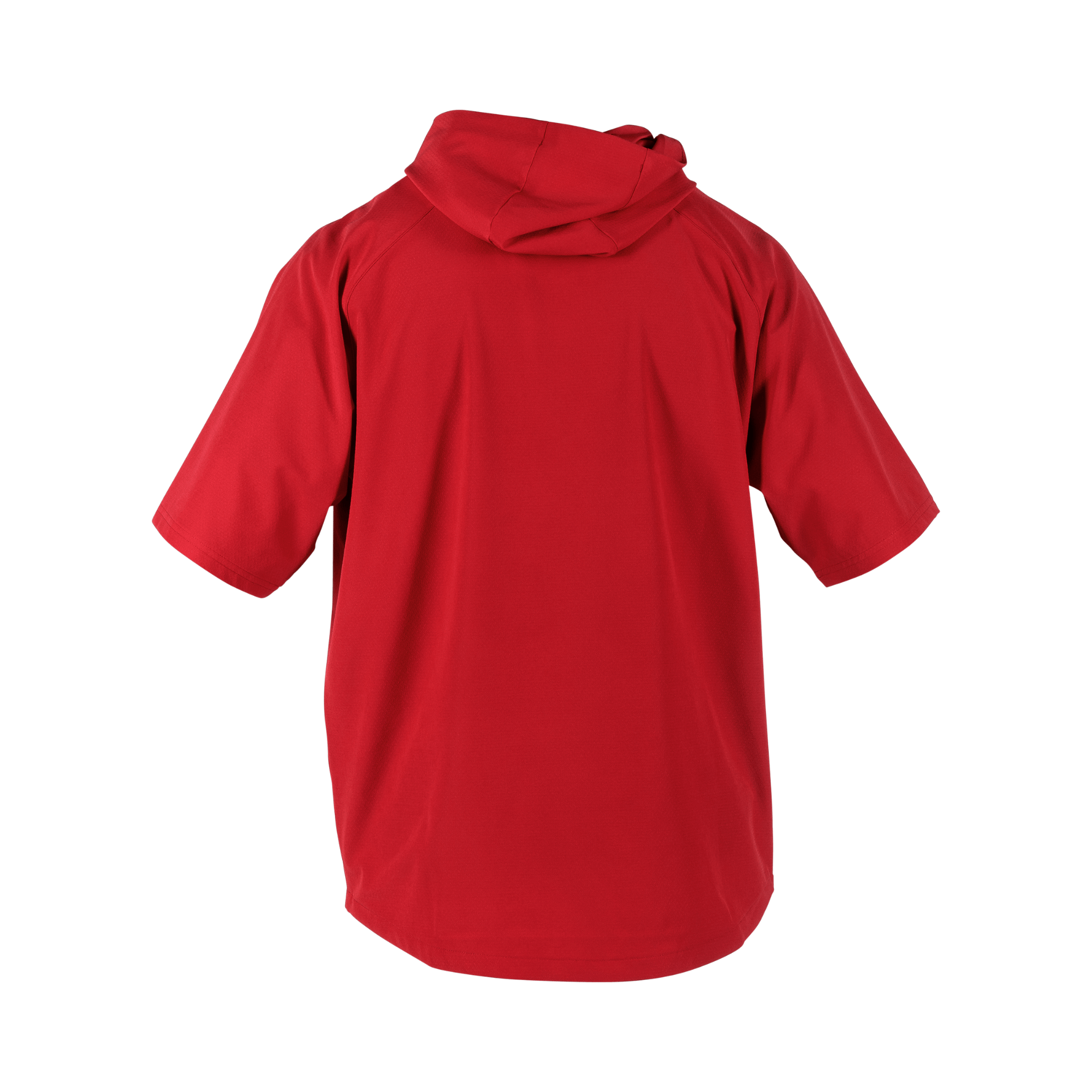 Back view of Rawlings Adult Colorsync Short Sleeve Cage Jacket in red, featuring a stylish hood and athletic fit.