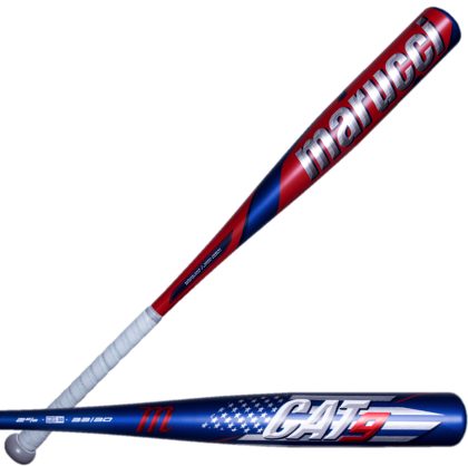 Marucci CAT9 America baseball bat featuring a red, white, and blue design and large sweet spot for performance.