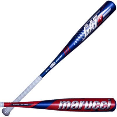 Marucci Cat9 America baseball bat in red, white, and blue design, ideal for youth players.